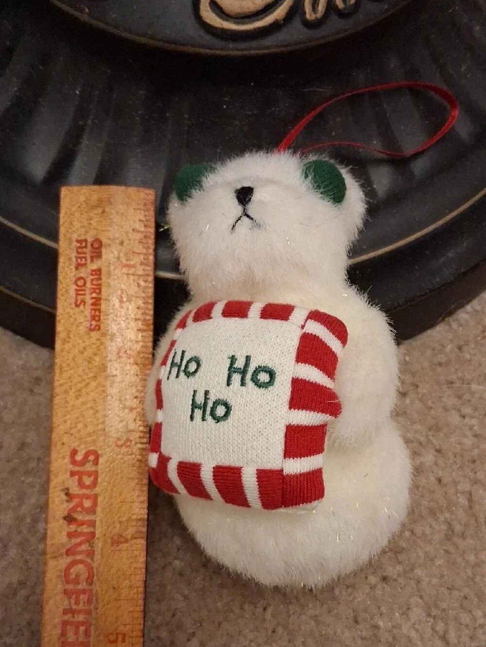 White Plush Holiday Bear Ornament with 'Ho Ho Ho' Pillow